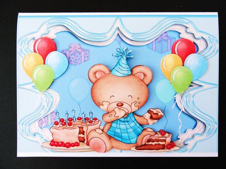 Birthday Bear with Cake & Balloons by Valerie Spowart