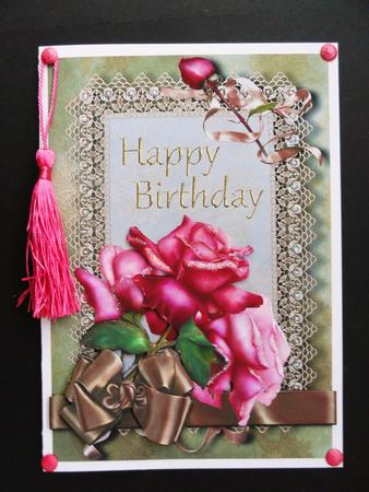 Pink Roses & Lace Happy Birthday + Decoupage by Valerie Spowart