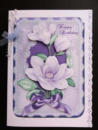 Lilac Magnolias on Lace Frame Birthday Card Front by Valerie Spowart
