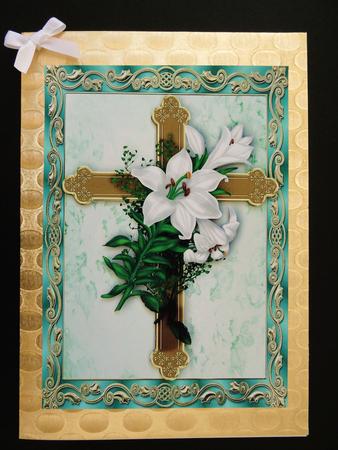 Gold Cross with White Lillies in Green Ornate Frame A4 by Valerie Spowart