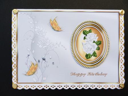 White Roses in Gold Oval Frame - Birthday by Valerie Spowart
