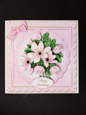 Pink Floral Bouquet on Scalloped Card Front by Valerie Spowart