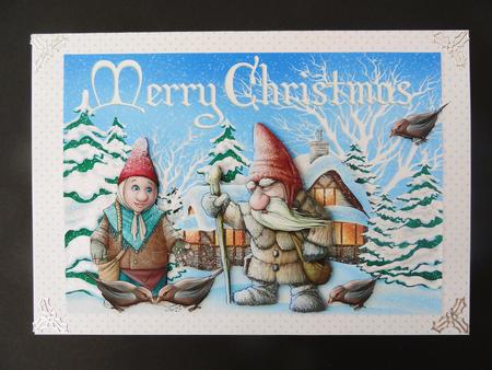 Christmas Gnomes Feeding the Birds in Snow Scene A4 by Valerie Spowart