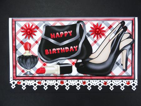 Happy Birthday Black Bag,shoes Purfume & Lippy Dl Card Front by Valerie Spowart