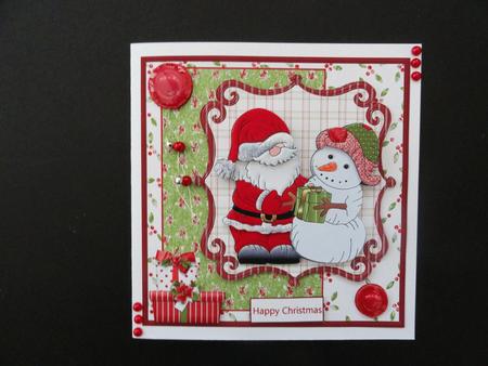 Snowman Gives a Gift to Santa Card with a Topper by Valerie Spowart
