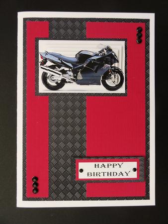 Black Motor Cycle on Red Backing Pyramid Card by Valerie Spowart