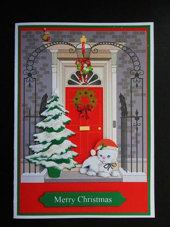 Christmas Door Scene & Kitten Card Front with Decoupage by Valerie Spowart
