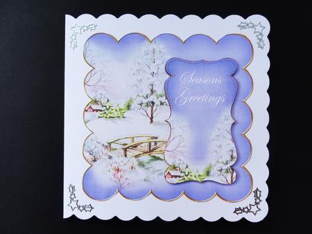 Blue Snowscene Seasons Greetings 8in Scallop Topper by Valerie Spowart