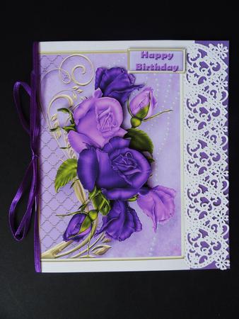Purple Roses Decoupage Card Front by Valerie Spowart