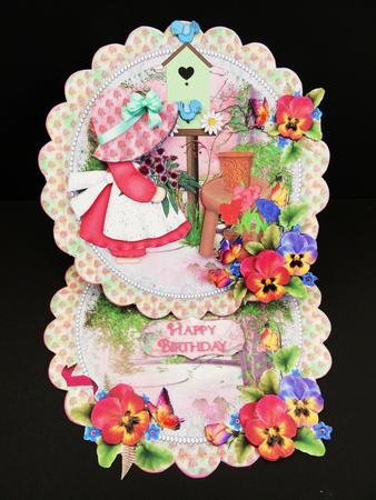 Little Birdhouse Lady Scalloped Round Easel Card by Valerie Spowart