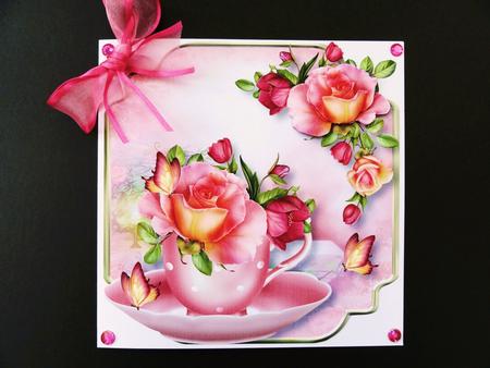 Teacup, Saucer & Peach Roses - Shaped Topper by Valerie Spowart