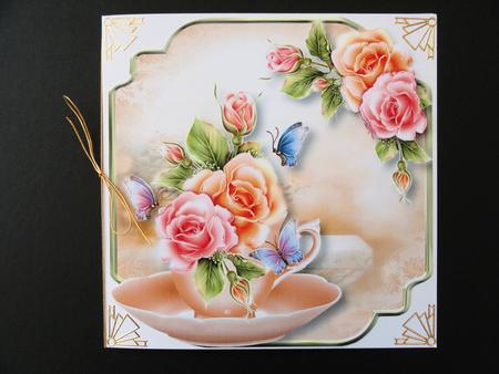 Teacup, Saucer & Rosy Glow Roses - Shaped Topper by Valerie Spowart