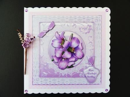 Lilac Lilies Lace Framed Large Card Front by Valerie Spowart