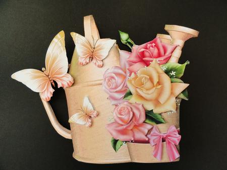 Beautiful Watering Can and Plant Pot Mixed Roses Shaped Card by Valerie Spowart