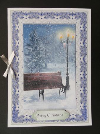 Lace Framed Christmas Bench & Lamp by Valerie Spowart