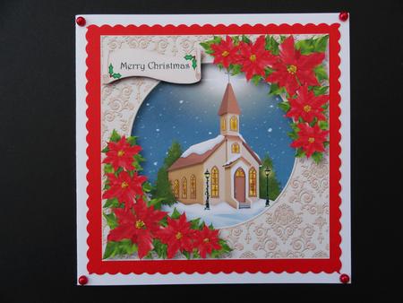Red Poinsettias & Church with Linen Frame by Valerie Spowart