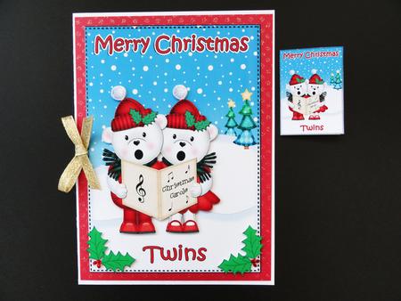 Xmas Twins Teddies 5x7 3D Decoupage by Valerie Spowart