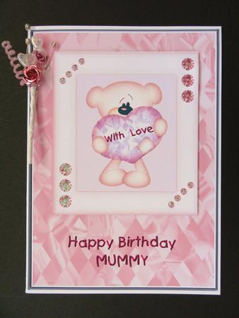 Pink & White Heart Bear - Mummy Birthday by Valerie Spowart