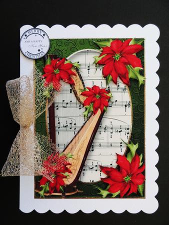 Christmas Harp with Sheet Music & Red Poinsettias by Valerie Spowart