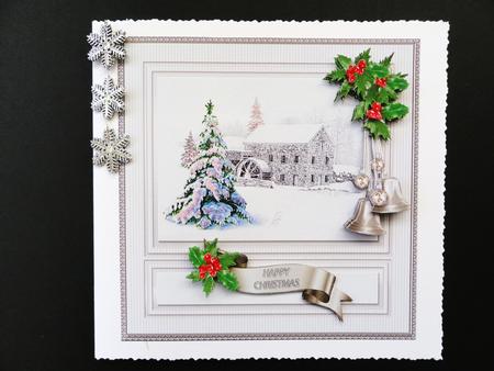 Christmas Snowscene with Holly Spray 6in x 6in Decoupage by Valerie Spowart