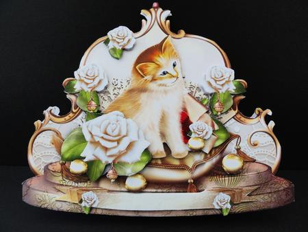 Beautiful Little Cat with Soft White Roses in Vintage Style by Valerie Spowart