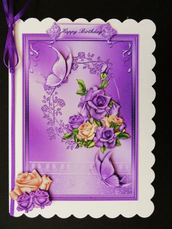 Flutters and Roses in a Lilac Frame Cardfront by Valerie Spowart