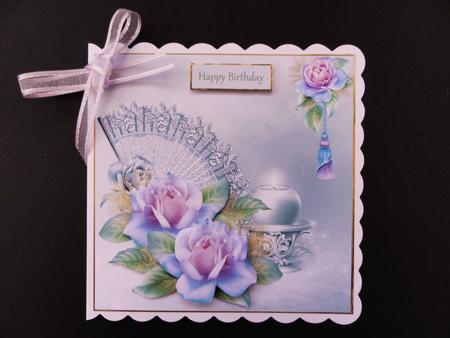 Pink Rose and Fan Card with Decoupage by Valerie Spowart