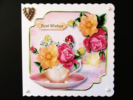 Teacup, Saucer & Peach Melba Roses - Shaped Topper by Valerie Spowart
