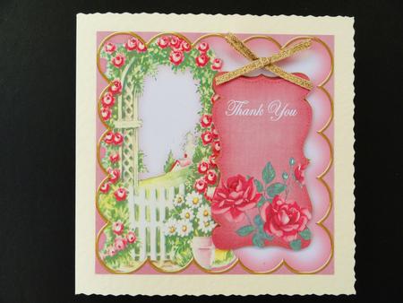 Pink Rose Arch Thank You 5in Folded Card with Topper by Valerie Spowart