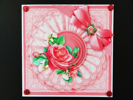 Deep Pink Roses with Broiderie Anglaise Doily 6x6 Pyramage by Valerie Spowart