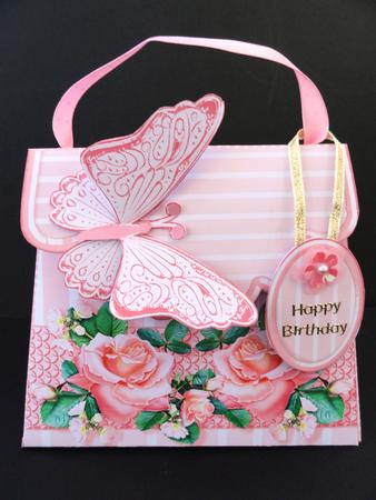 Handbag Gift Box Pink Roses on a Candy Stripe with Butterfly by Valerie Spowart