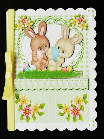 Cute Bunnies with Easter Eggs, on Lace and Gingham by Valerie Spowart