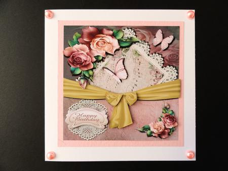 Pink Roses, Lace and Butterflies, Quick Card Topper by Valerie Spowart