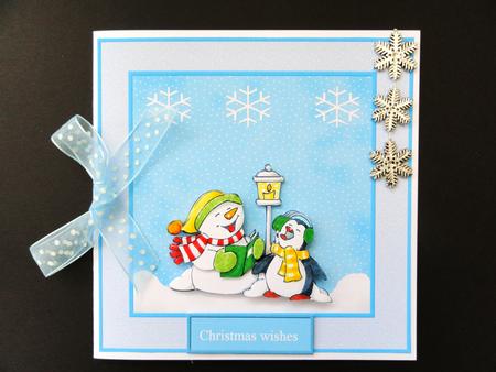 Snowman and Penguin Carol Singers 7x7 Card by Valerie Spowart