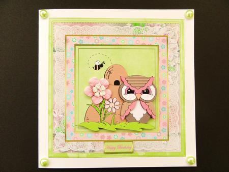 Spring Hoots and Bees 7x7 Card with Decoupage by Valerie Spowart