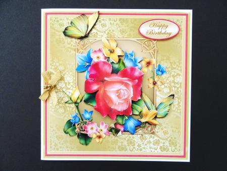 Rosy Bouquet on Gold Square Card Front by Valerie Spowart