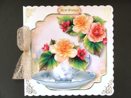 Teacup, Saucer & Peach Begonias - Shaped Topper by Valerie Spowart