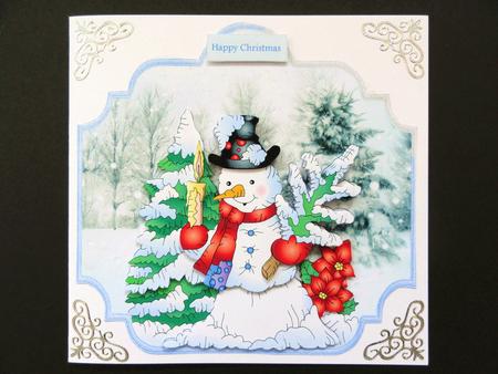 Snowman with His Tree and Candles Shaped Card by Valerie Spowart