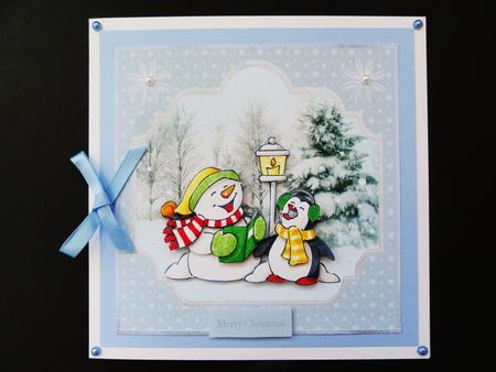 Snowman and Penguin Carol Singers 7x7 Card by Valerie Spowart