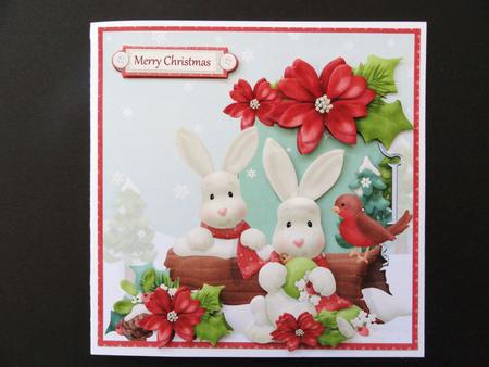 Rabbits Christmas 7x7 Card with Decoupage by Valerie Spowart