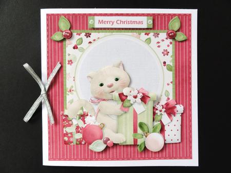 Kitten Has a Christmas Gift7x7 Card with Decoupage by Valerie Spowart