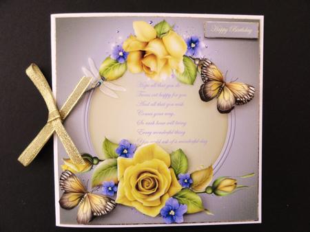 Yellow Rose and Butterfly 7x7 Card with Decoupage by Valerie Spowart