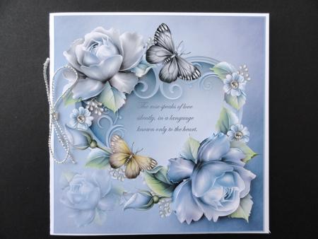 Blue Rose, Butterfly and Heart 7x7 Card with Decoupage by Valerie Spowart
