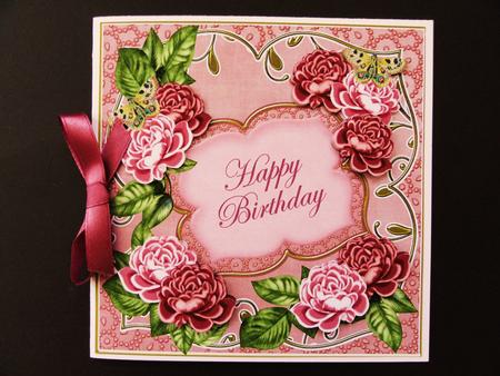 Pink Roses Happy Birthday 7in Fancy Decoupage Topper by Valerie Spowart