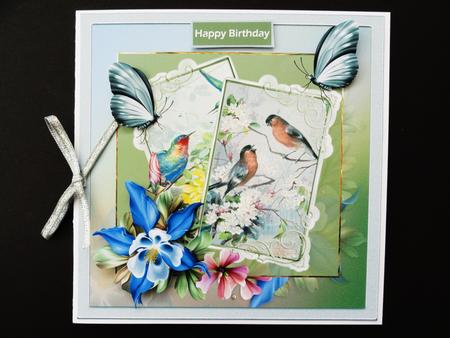 Flowers, Birds and Butterly 7x7 Card with Decoupage by Valerie Spowart