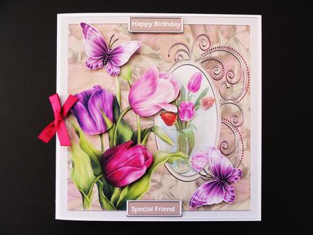 Tulips and Butterfly 7x7 Card with Decoupage by Valerie Spowart