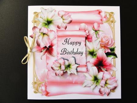 Birthday Amaryllis & Rose Scroll - Quick Topper by Valerie Spowart