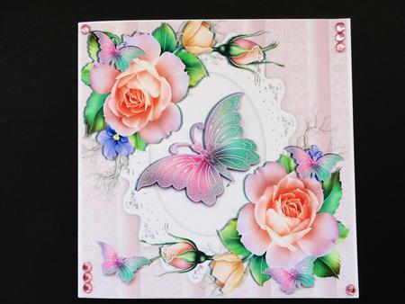Pretty Pink/peach Summer Roses with Butterflies 8x8 by Valerie Spowart