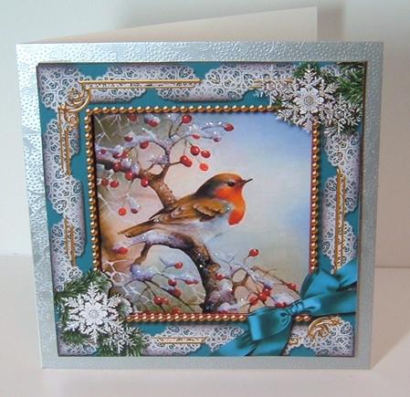 Robin 1 Snow Ornate Square Card Front and Frame by Valerie Swinglehurst