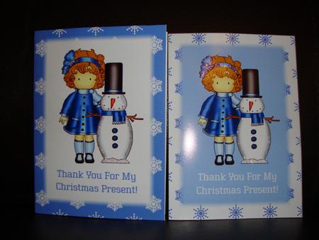 Little Girl in Blue & Snowman - Christmas Thank You Cards by Vivienne Hughes
